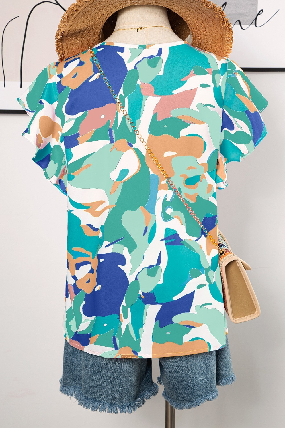 Abstract Print Notched Neck Flutter Sleeve Blouse