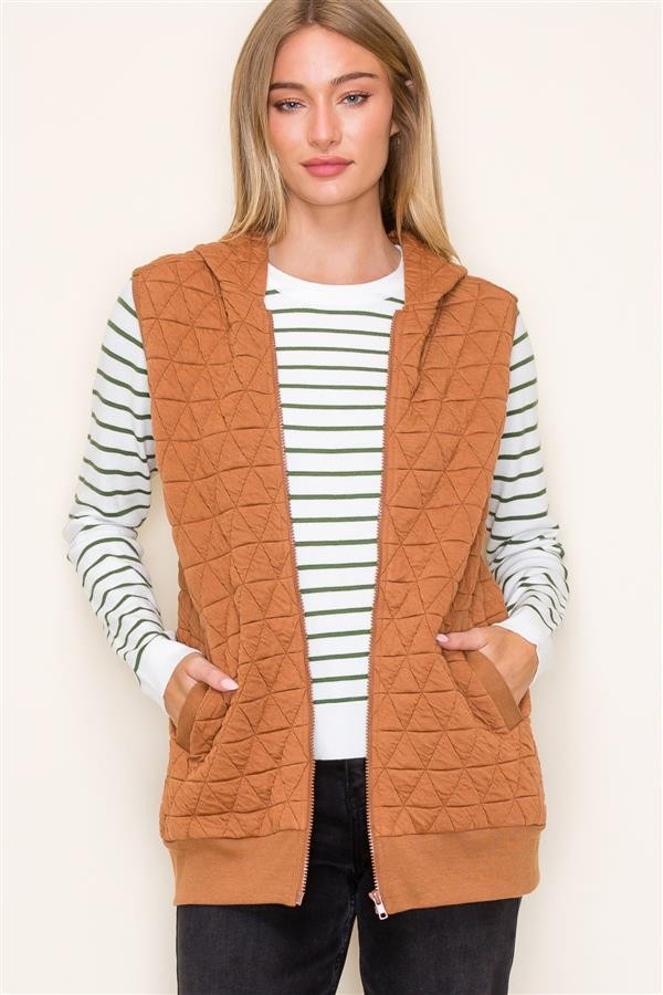 Quilted Knit Hooded Vest - Toffee