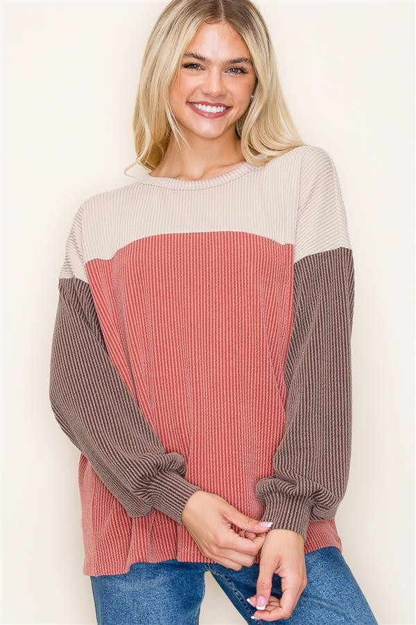 Crew Neck, Color Blocked, Knit Top - Rust/Taupe