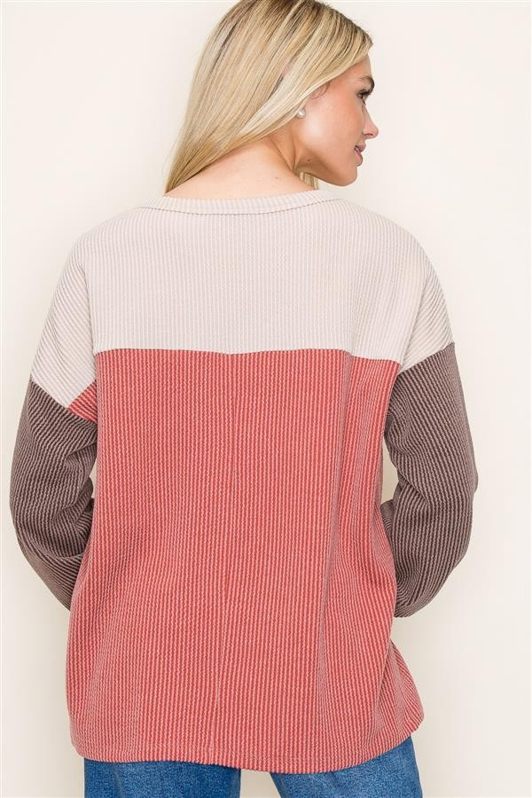 Crew Neck, Color Blocked, Knit Top - Rust/Taupe