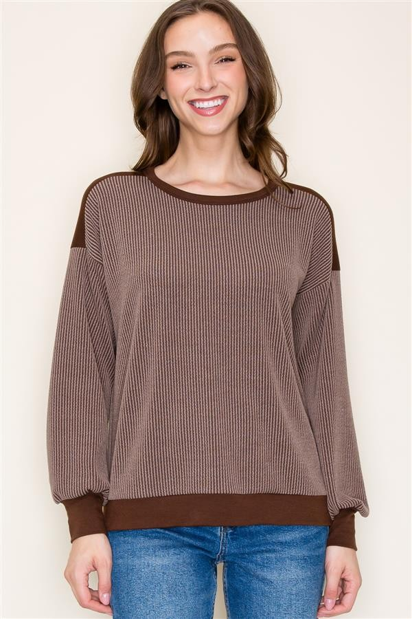 Crew Neck, Color Block, Knit Top - Brown