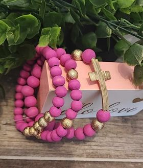 Wooden Pink & Gold W/Cross -Set of 3