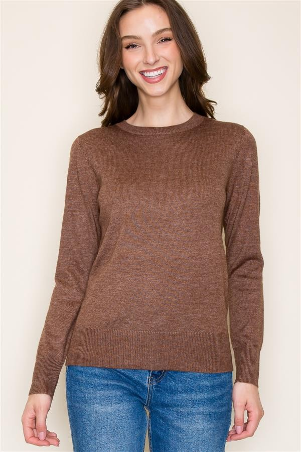 Basic Crew Neck Pullover Sweater - Brown