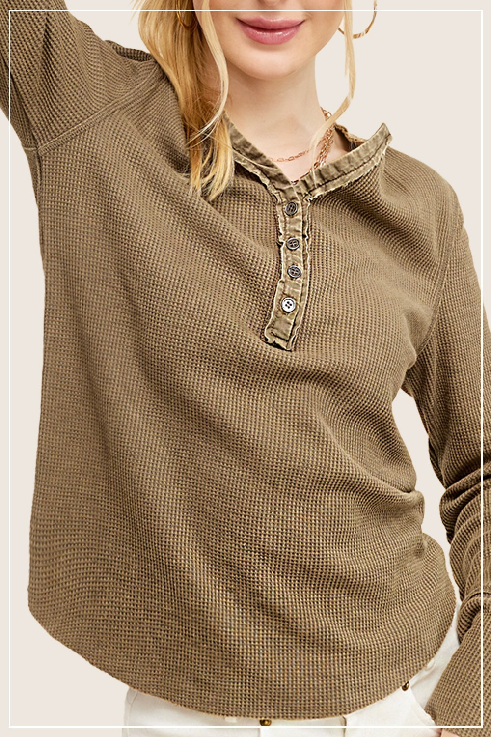 Relaxed Fit Waffle Knit Long Sleeve-Fade Olive