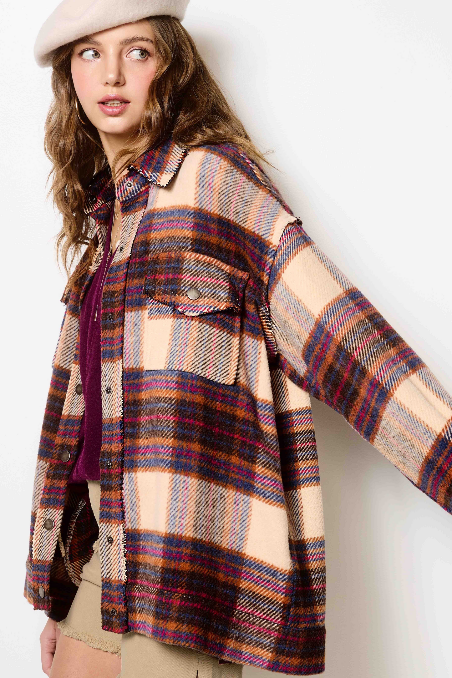 Loose Fit Raw Edge Plaid Shacket-Cocoa Multi