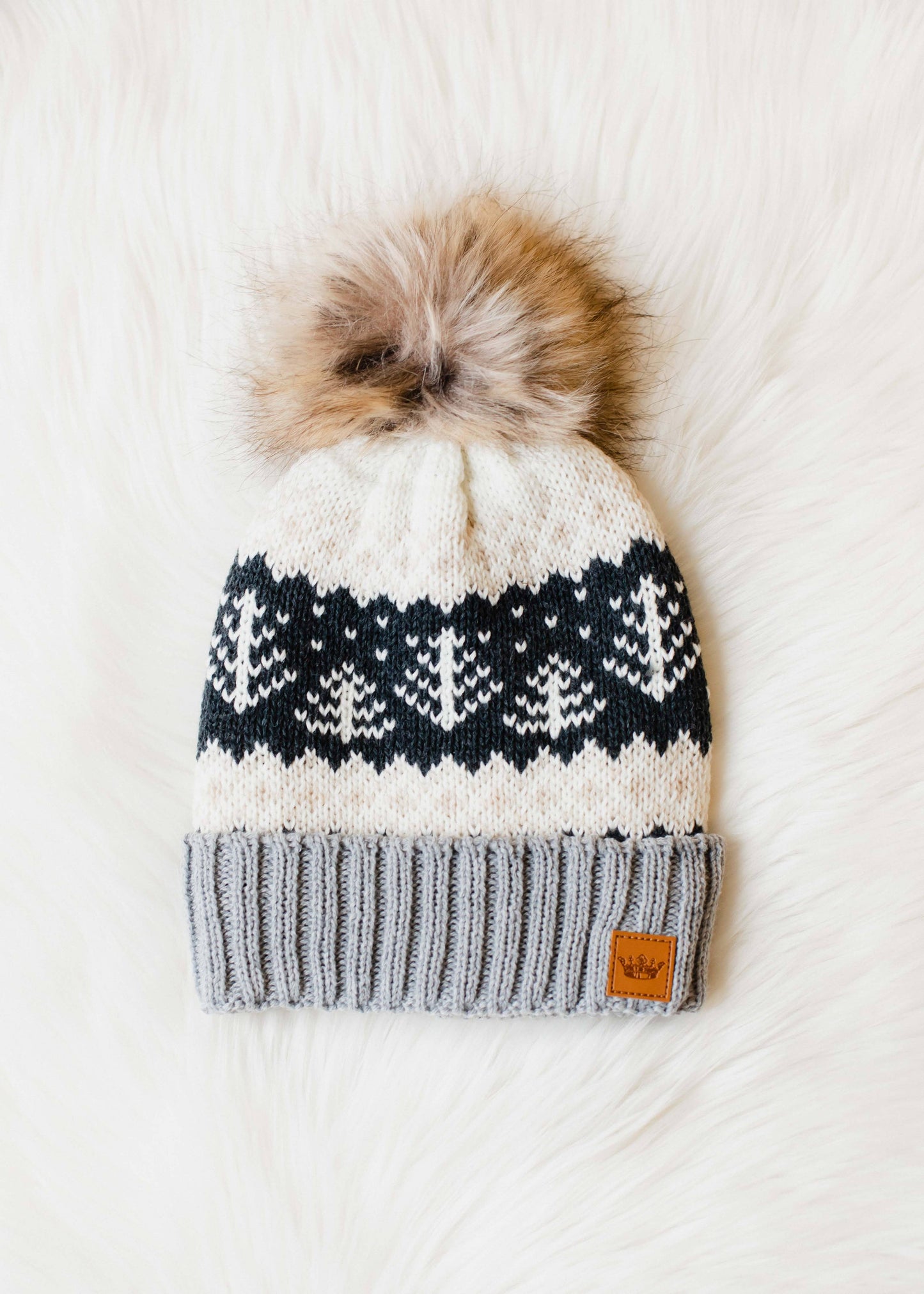 Gray, Tan, White & Charcoal Winter Pattern Pom Hat