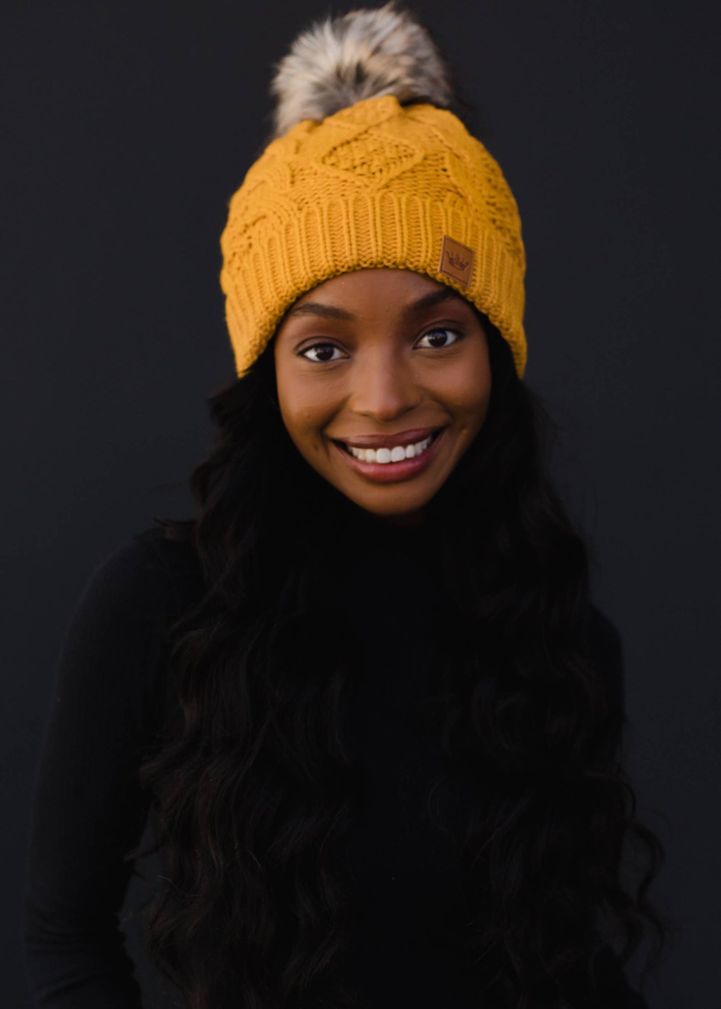 Mustard Cable Knit Pom Hat