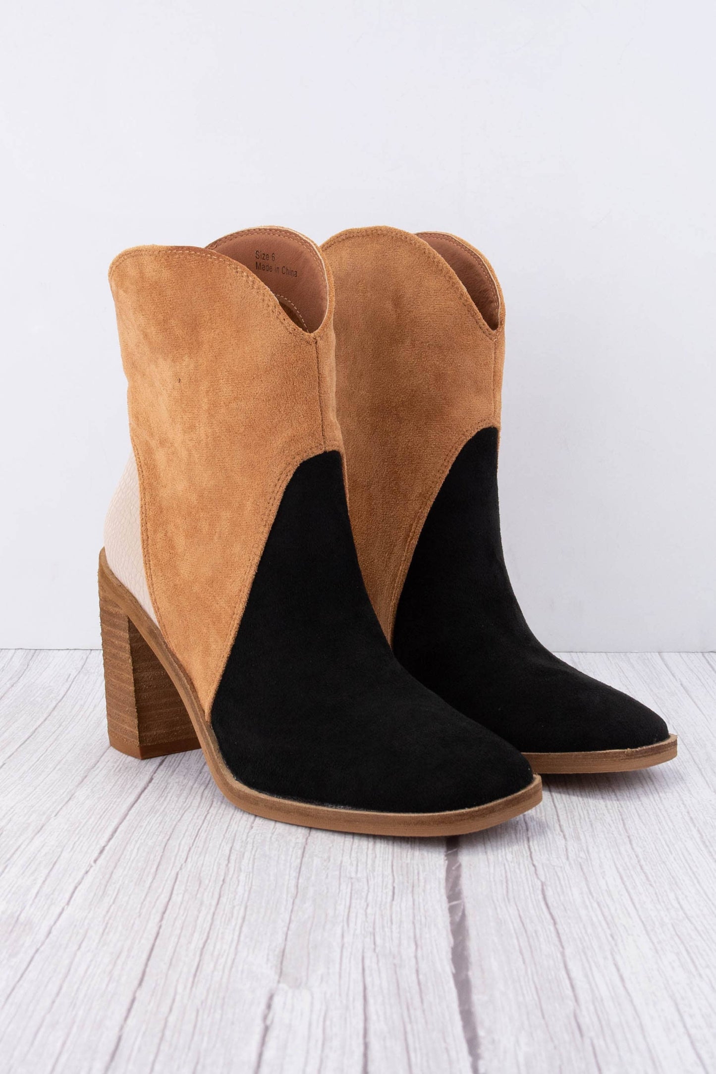 KENDALL SQUARE-TOE ANKLE BOOTS: BLACK/CAMEL/TAUPE CROC