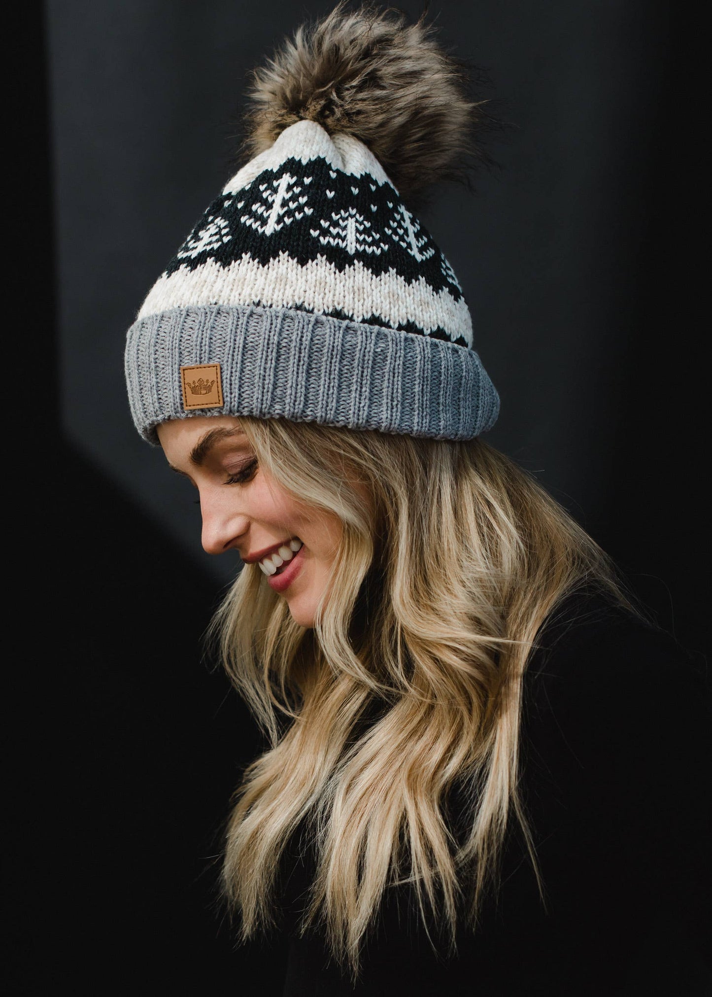 Gray, Tan, White & Charcoal Winter Pattern Pom Hat