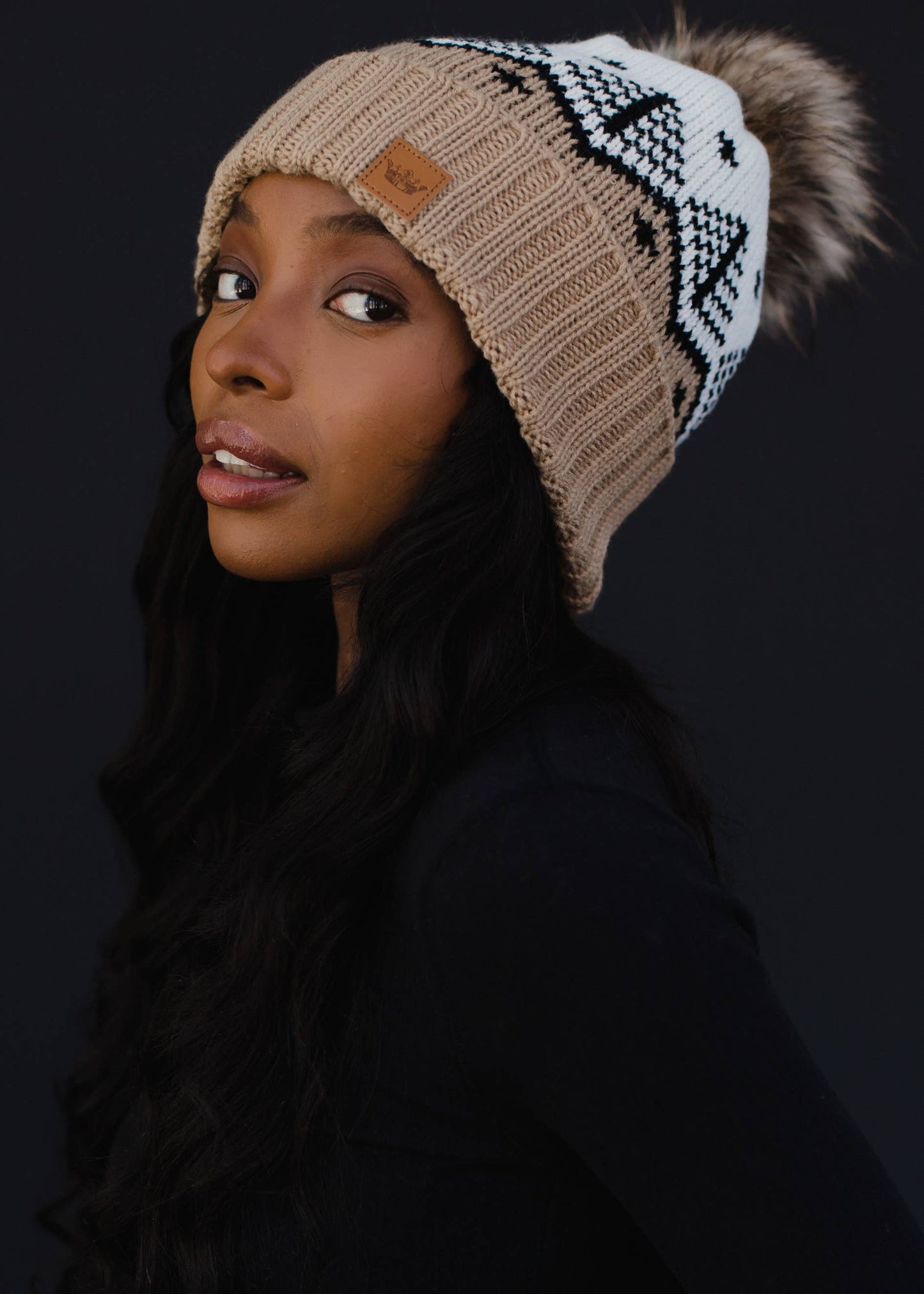 Tan, White & Black Fair Isle Pom Hat