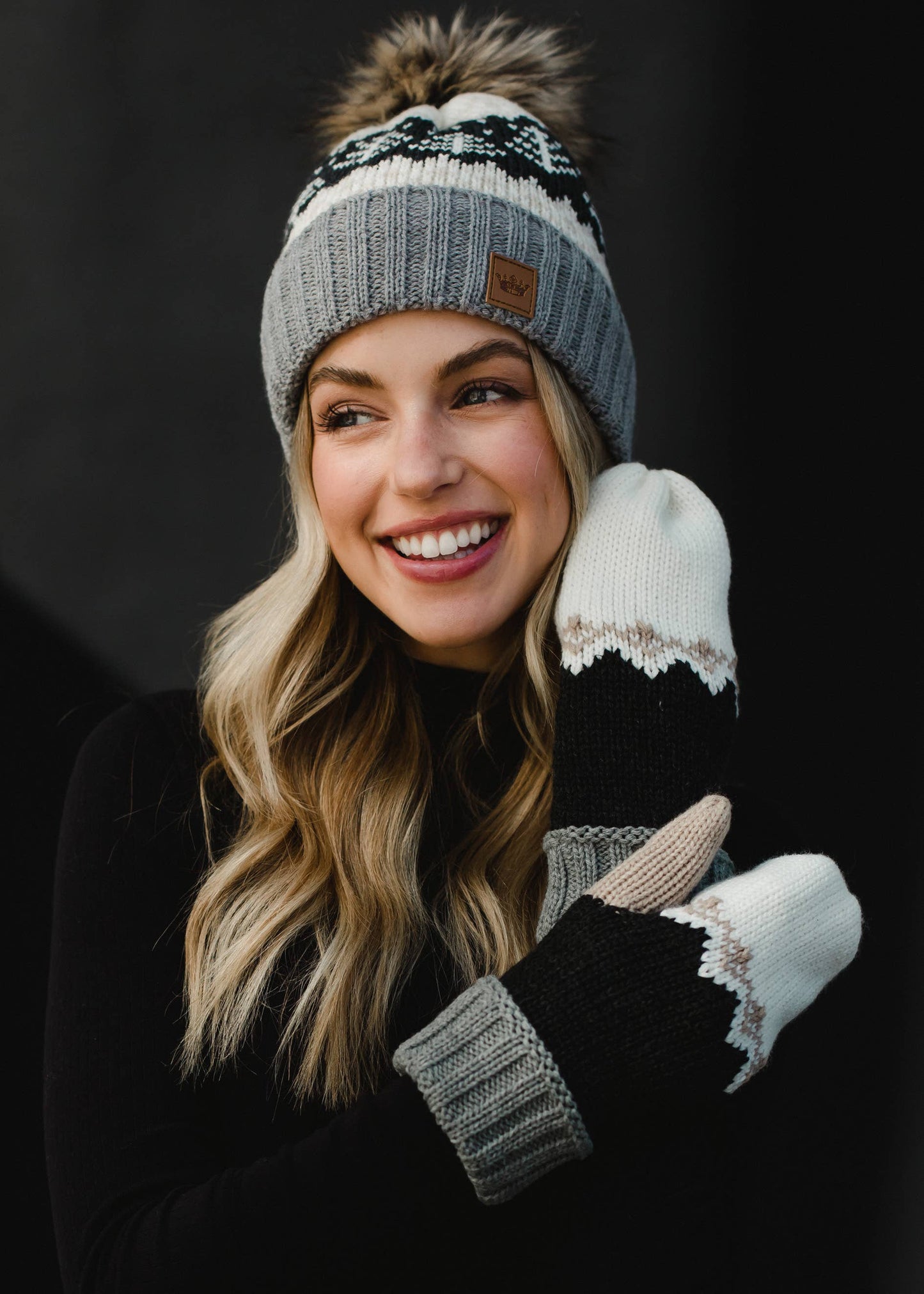 Gray, Tan, White & Charcoal Winter Pattern Pom Hat