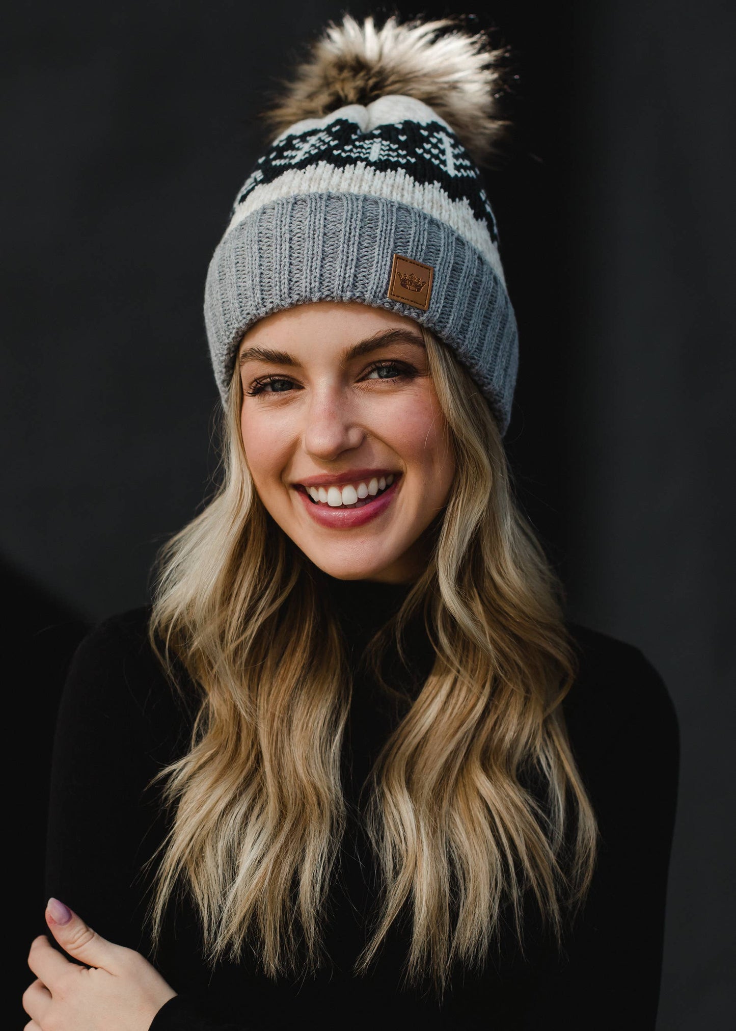 Gray, Tan, White & Charcoal Winter Pattern Pom Hat