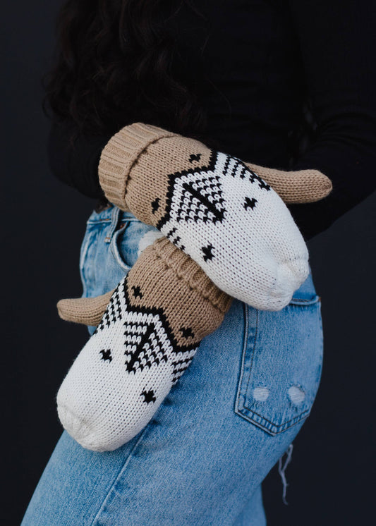 Tan, White & Black Fair Isle Mittens