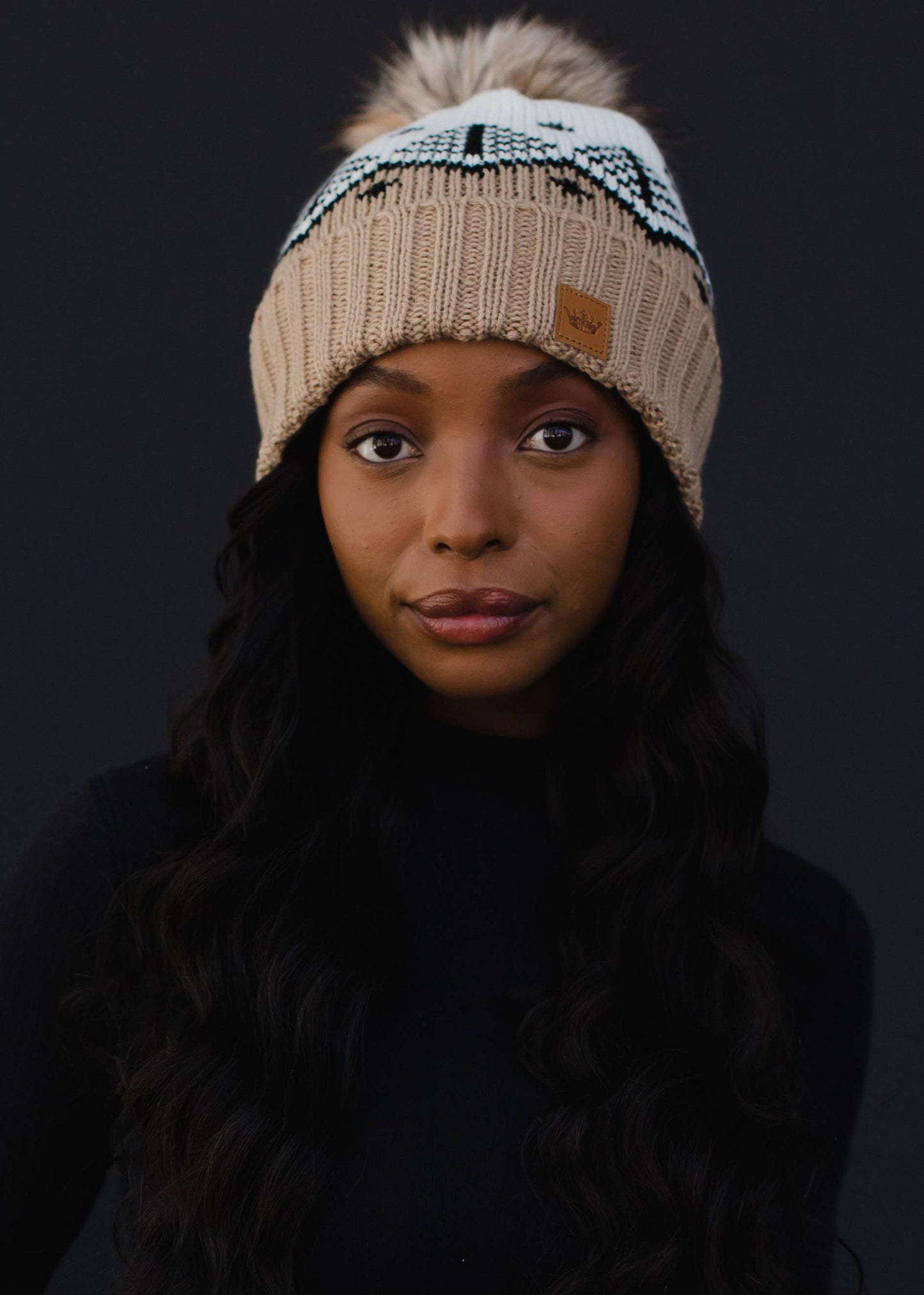 Tan, White & Black Fair Isle Pom Hat