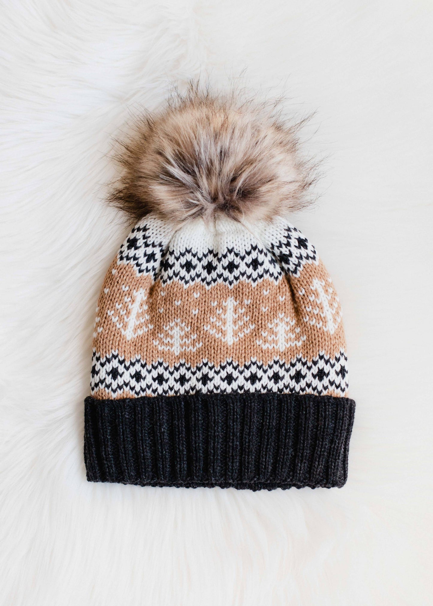 Tan, White & Charcoal Winter Pattern Pom Hat