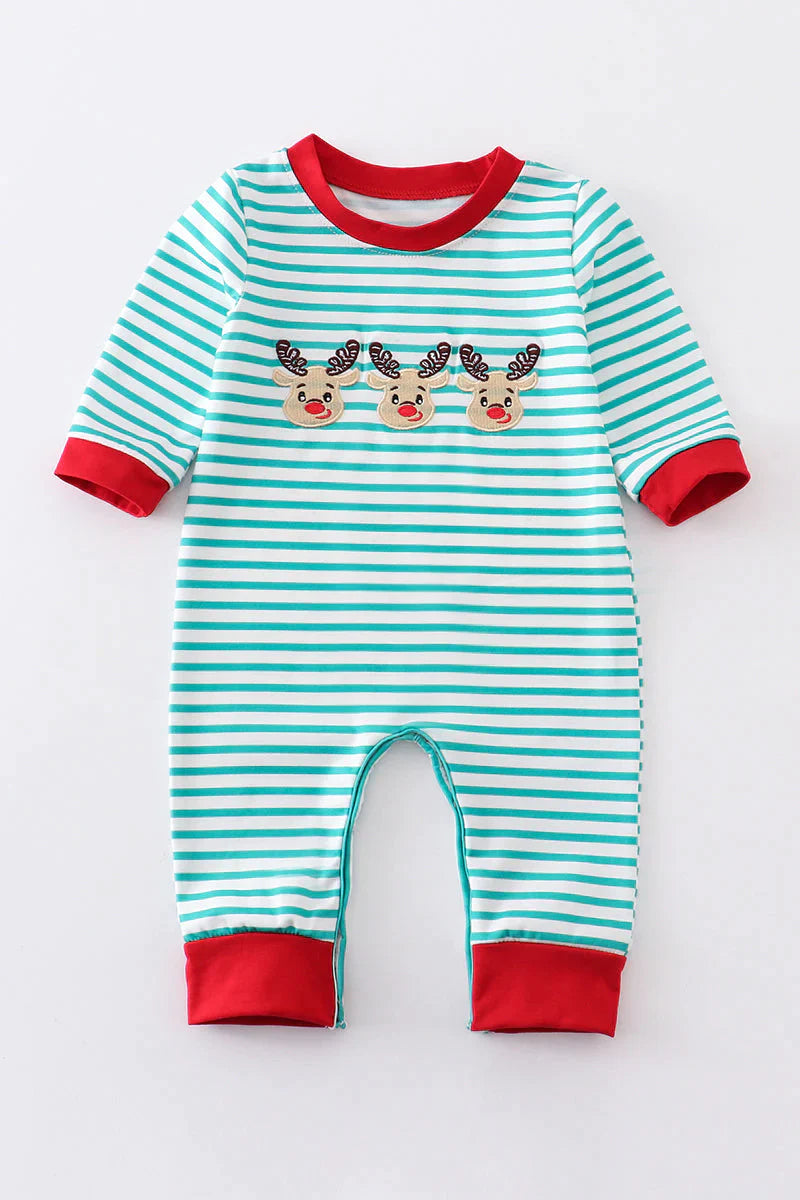 Green Striped Embroidered Deer Romper