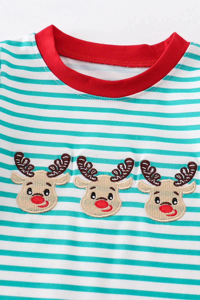 Green Striped Embroidered Deer Romper