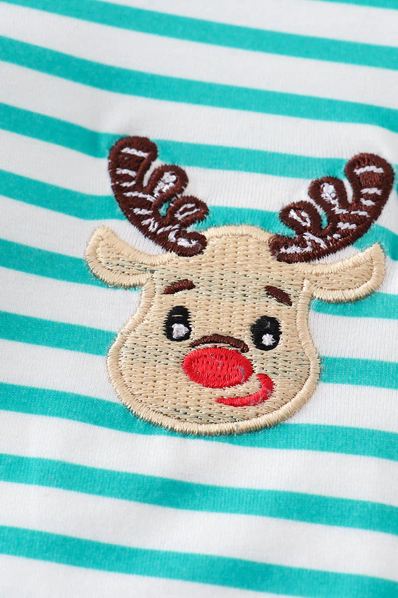 Green Striped Embroidered Deer Romper