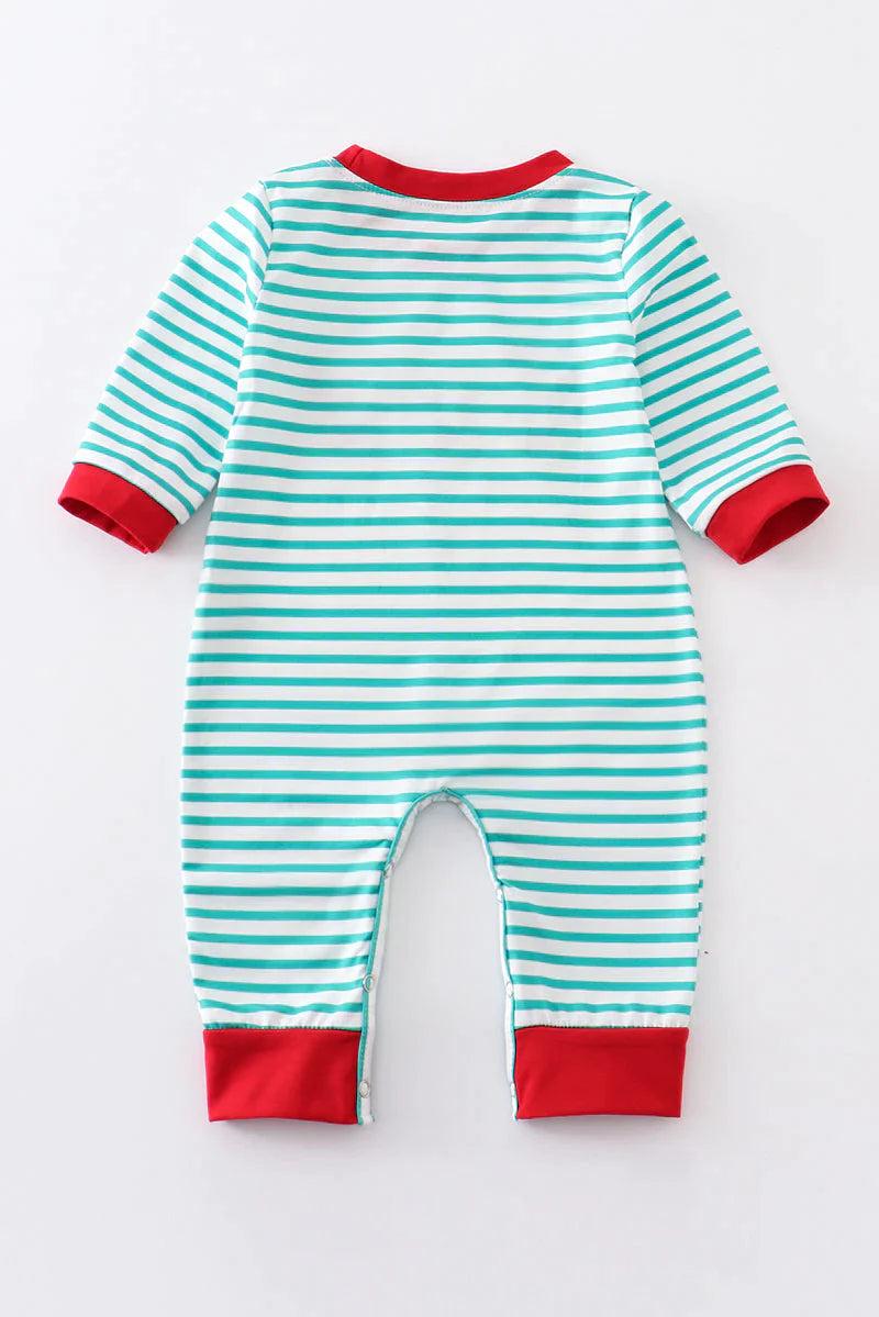 Green Striped Embroidered Deer Romper