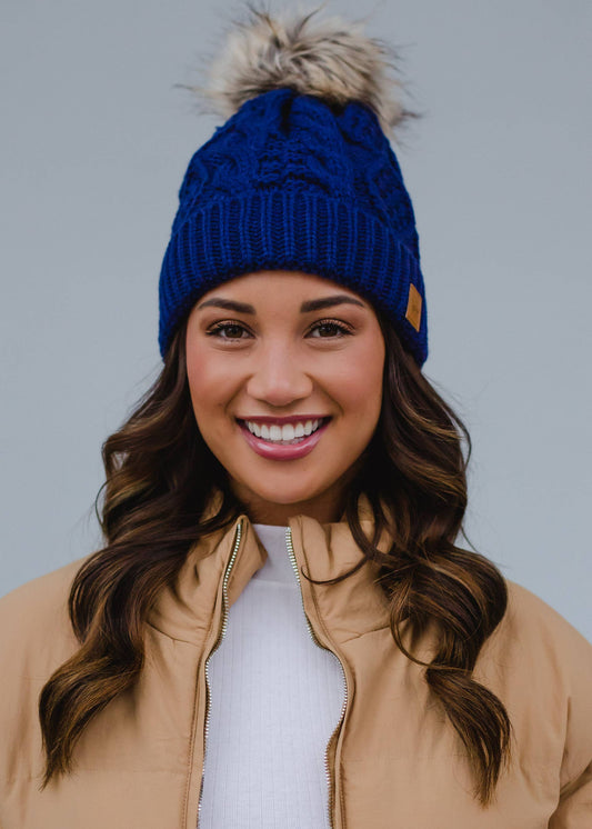 Royal Blue Cable Knit Pom Hat