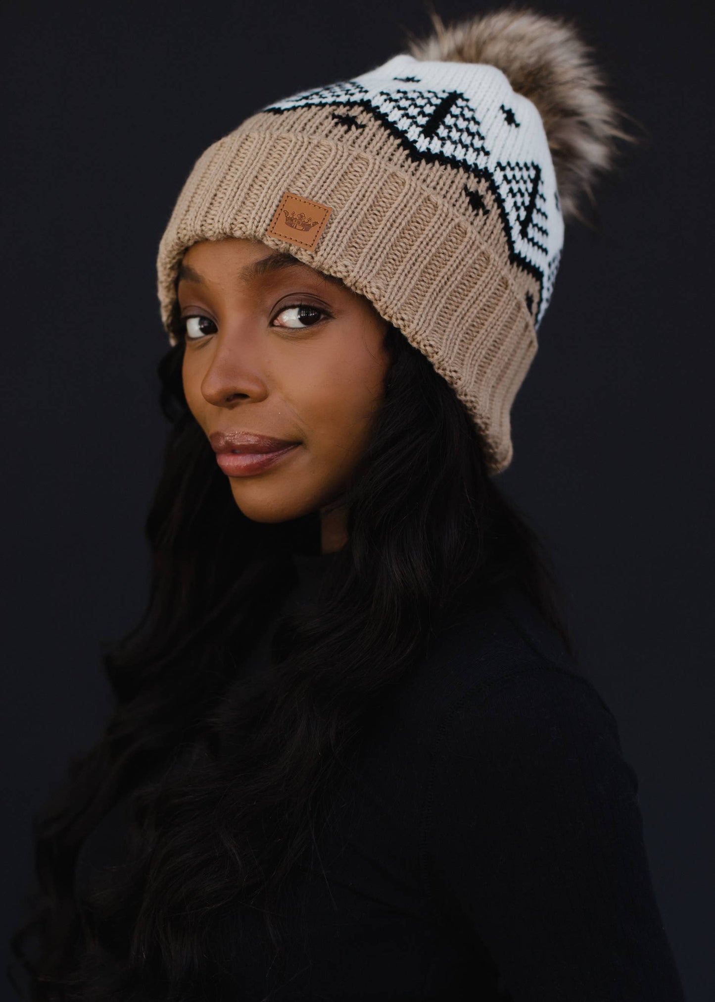 Tan, White & Black Fair Isle Pom Hat