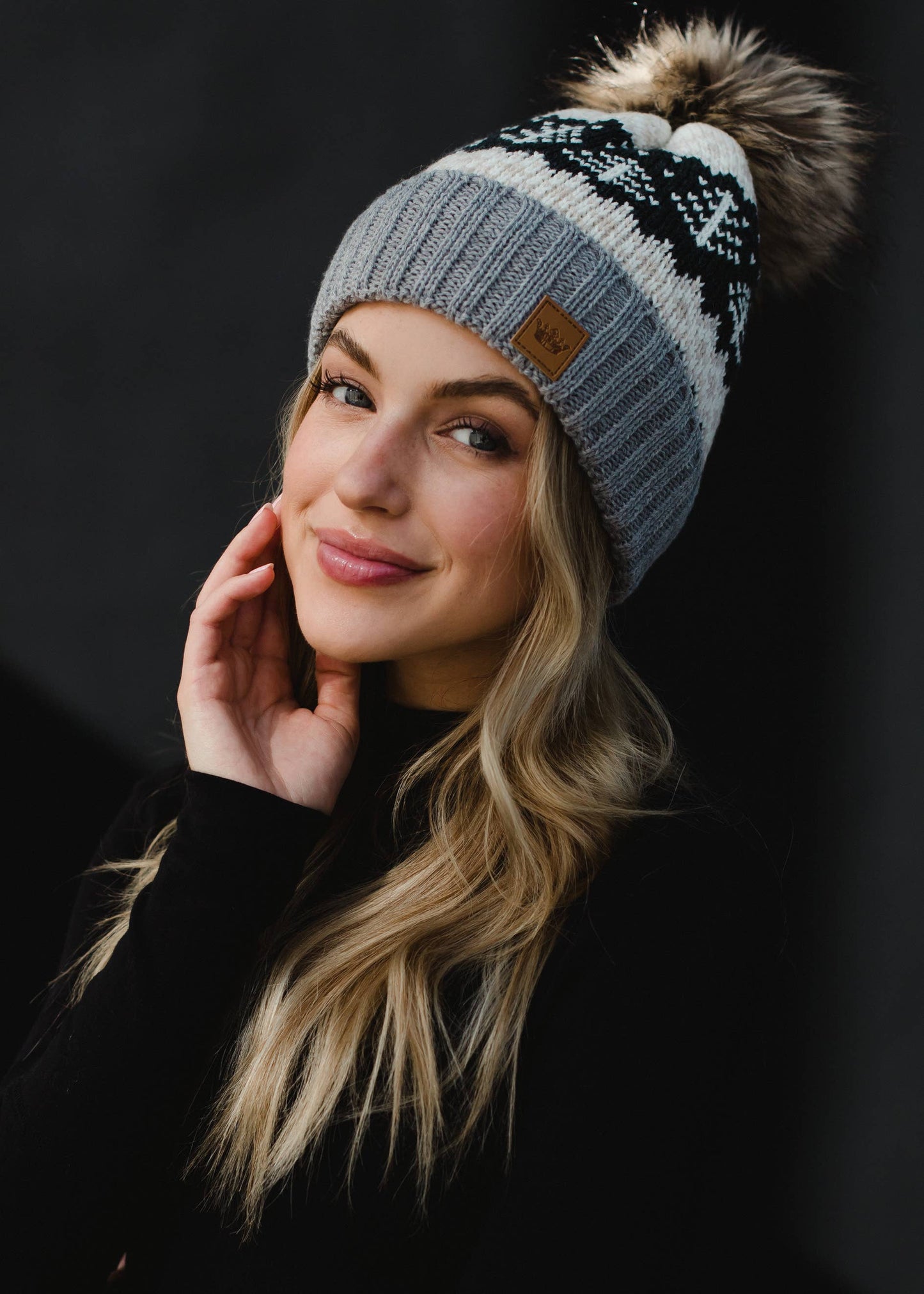 Gray, Tan, White & Charcoal Winter Pattern Pom Hat