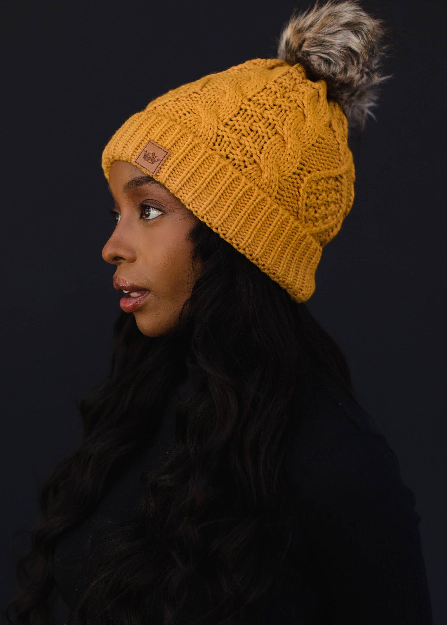 Mustard Cable Knit Pom Hat