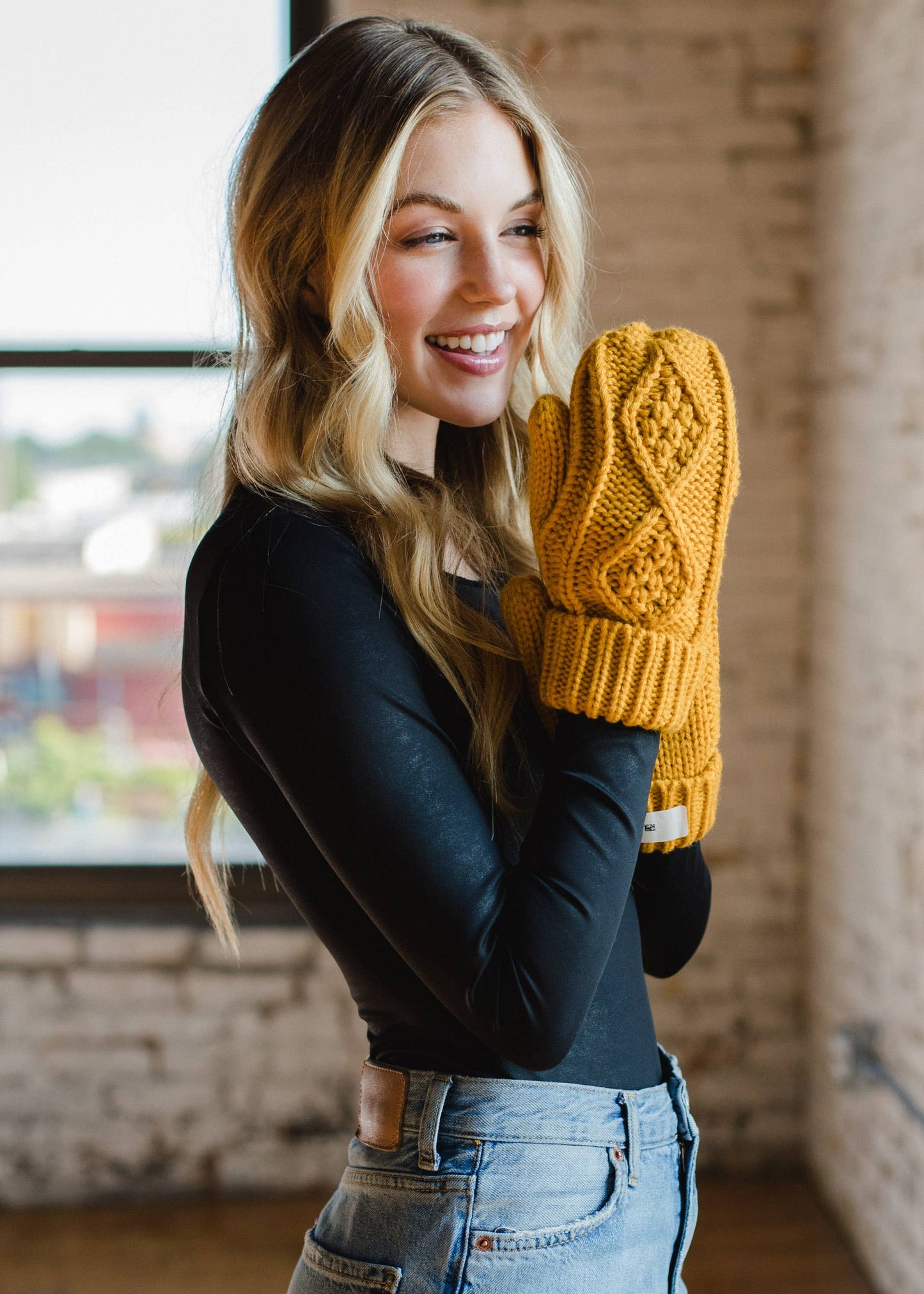 Mustard Cable Knit Mittens