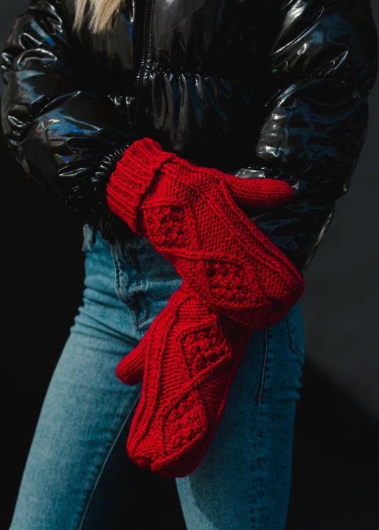 Dark Red Cable Knit Mittens