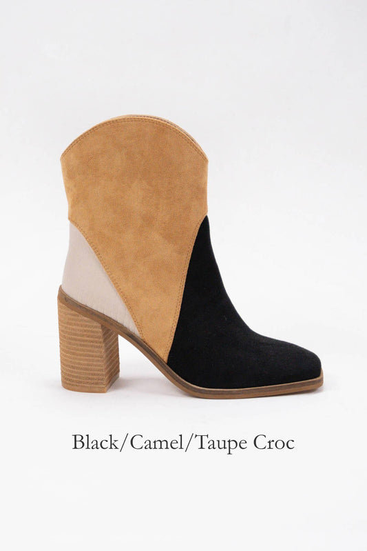KENDALL SQUARE-TOE ANKLE BOOTS: BLACK/CAMEL/TAUPE CROC